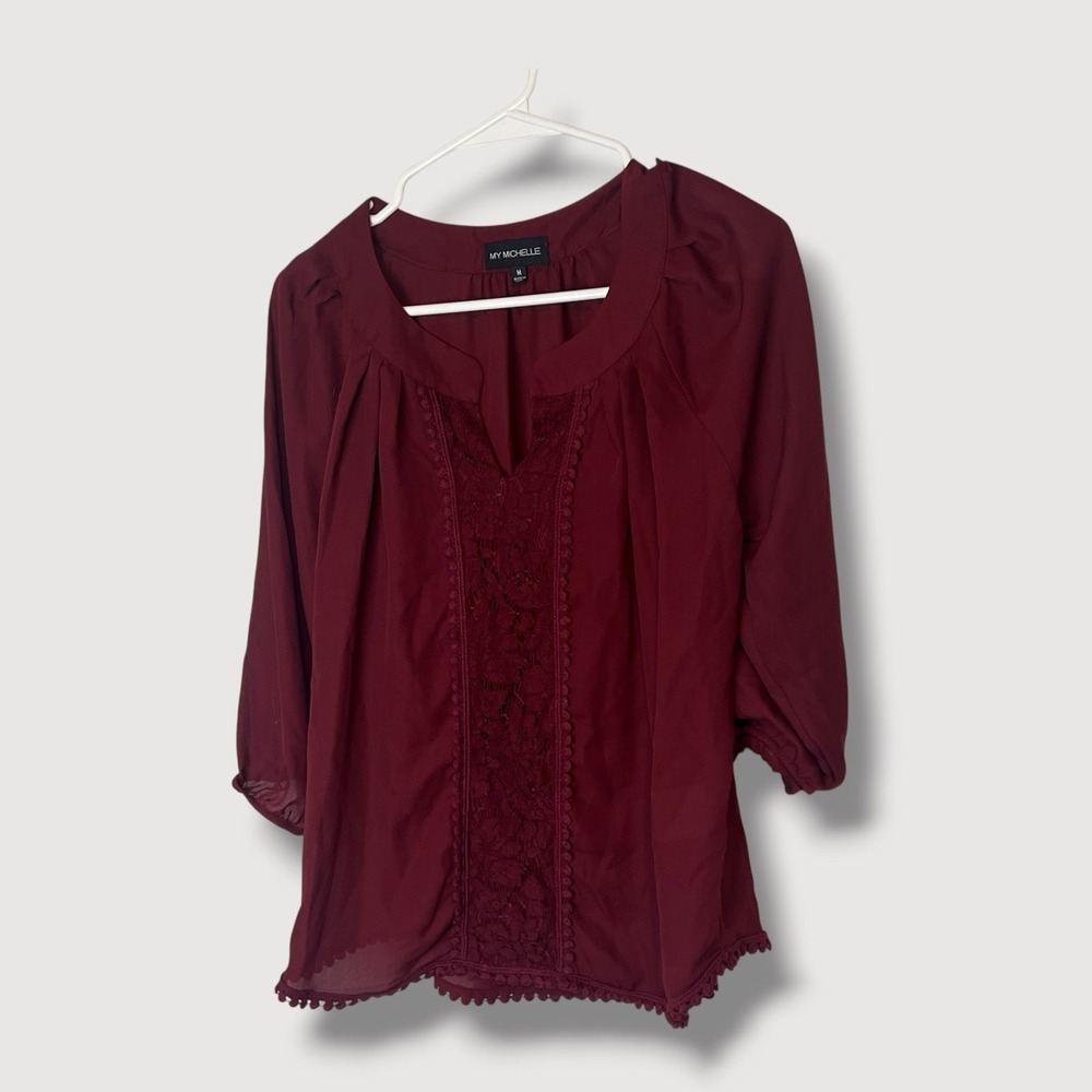 My Michelle Burgundy Lace Trim Blouse Size Medium